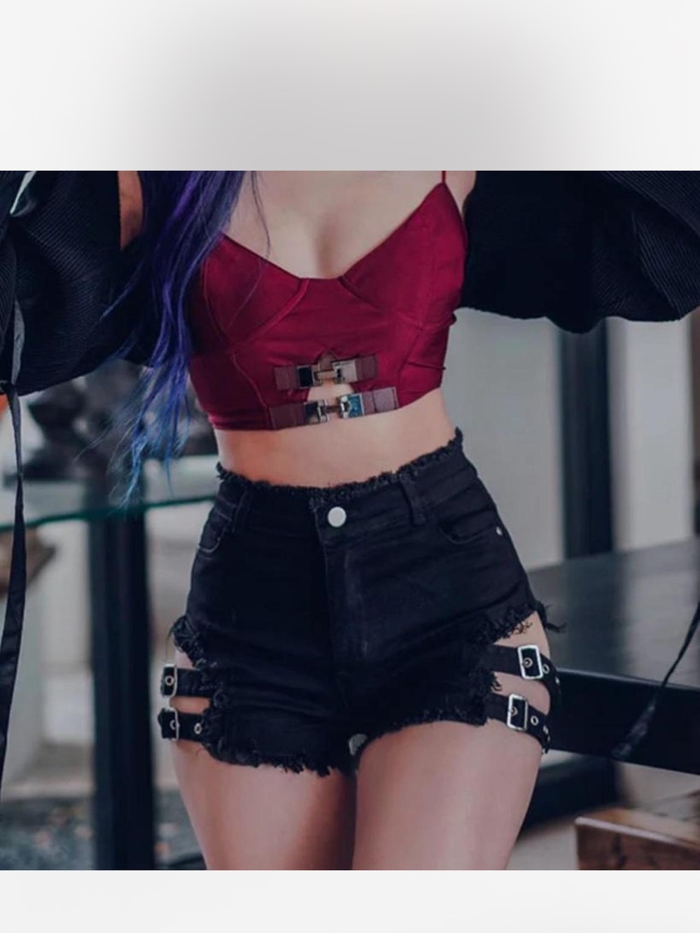 High-Waist Black Distressed Buckle Short - Women